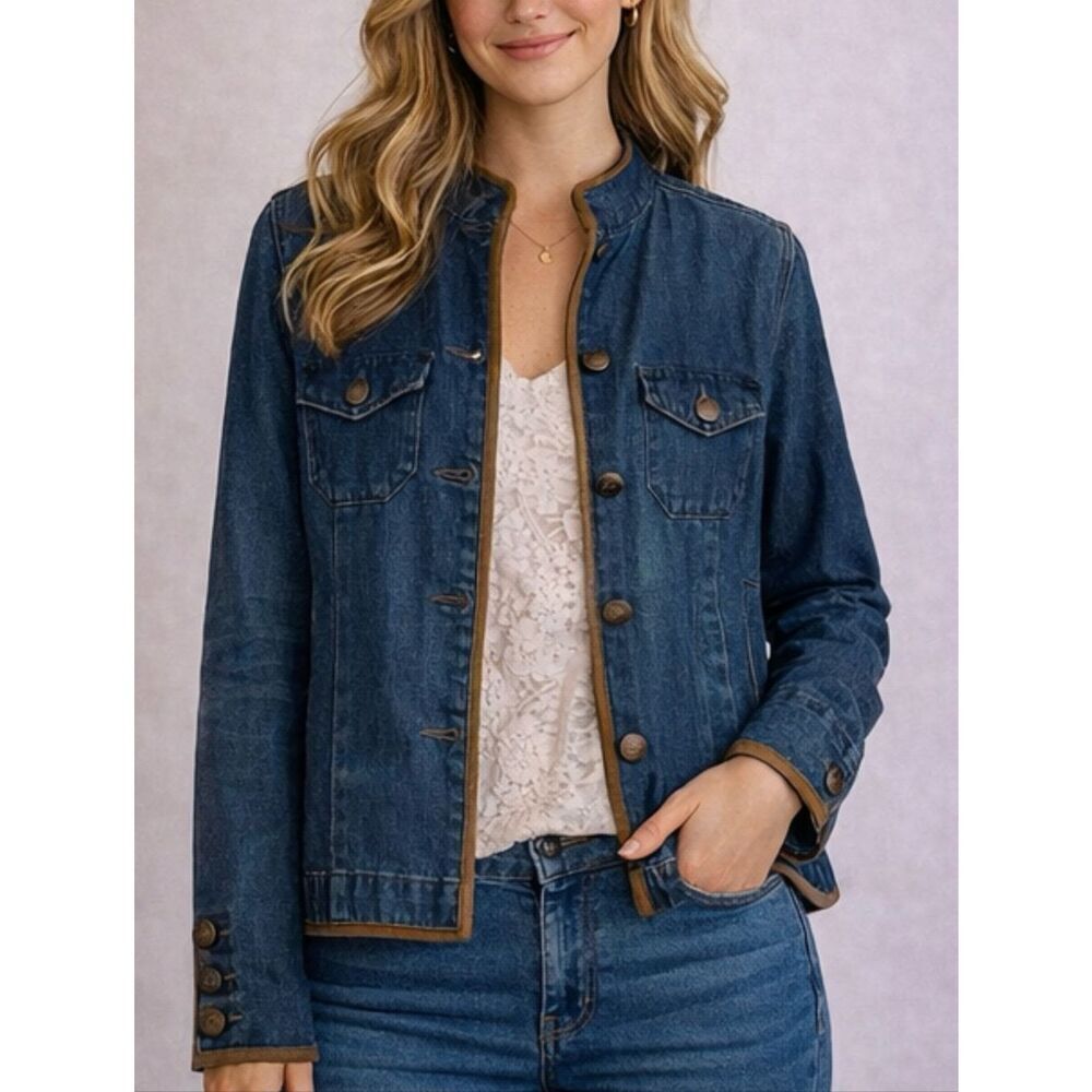 Talbots vintage denim faux suede trim Nehru collar shacket size small petite - Picture 1 of 11